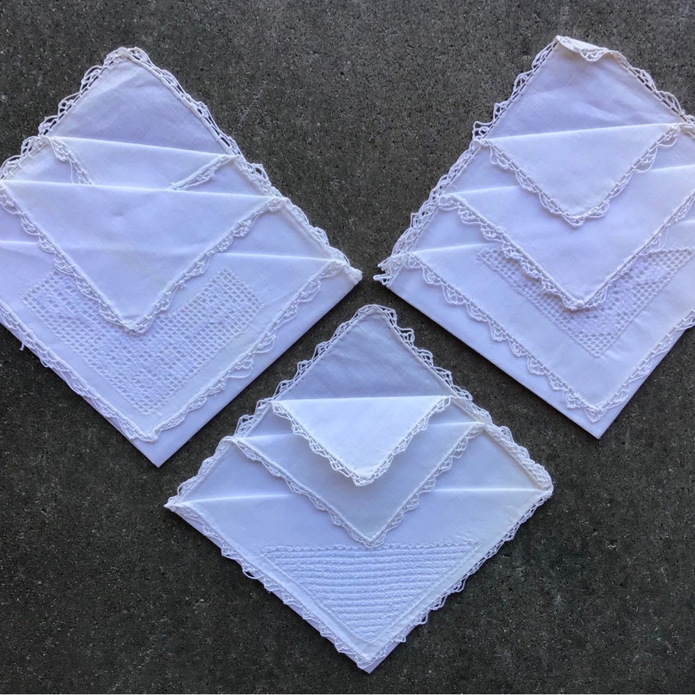 Set of Vintage Linen Cocktail Napkins with Lace Edges